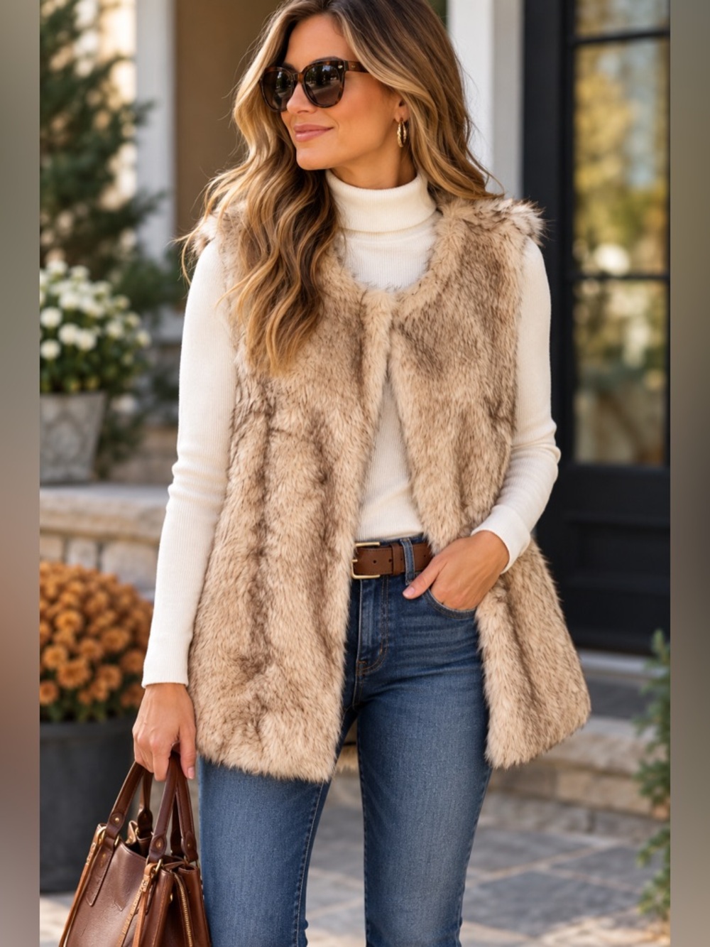 Hatley Women’s M Faux Fur Lined Beige Tan Hook Front Bohemian Vest